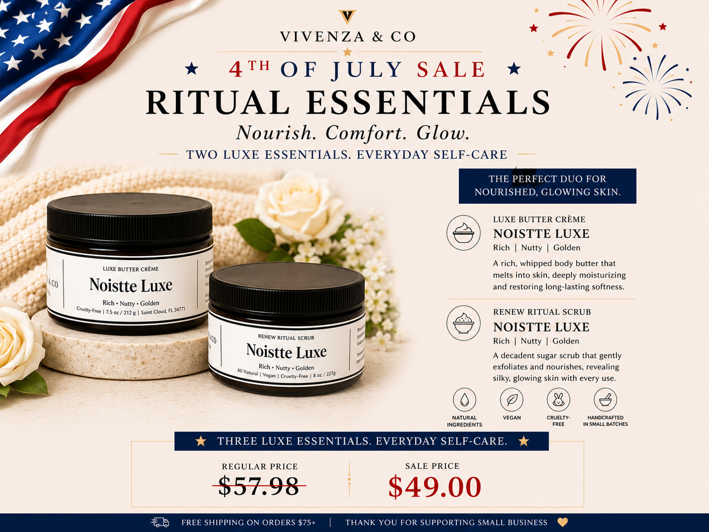 VIVENZA & CO Noistte Luxe Ritual Set with luxury body butter and sugar scrub duo on sale for the 4th of July.