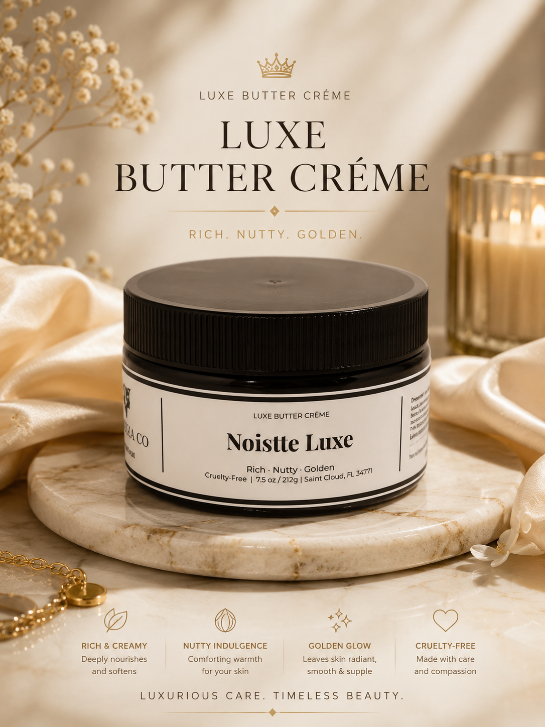 Luxe Butter Cèreme jar on a marble surface with decorative elements