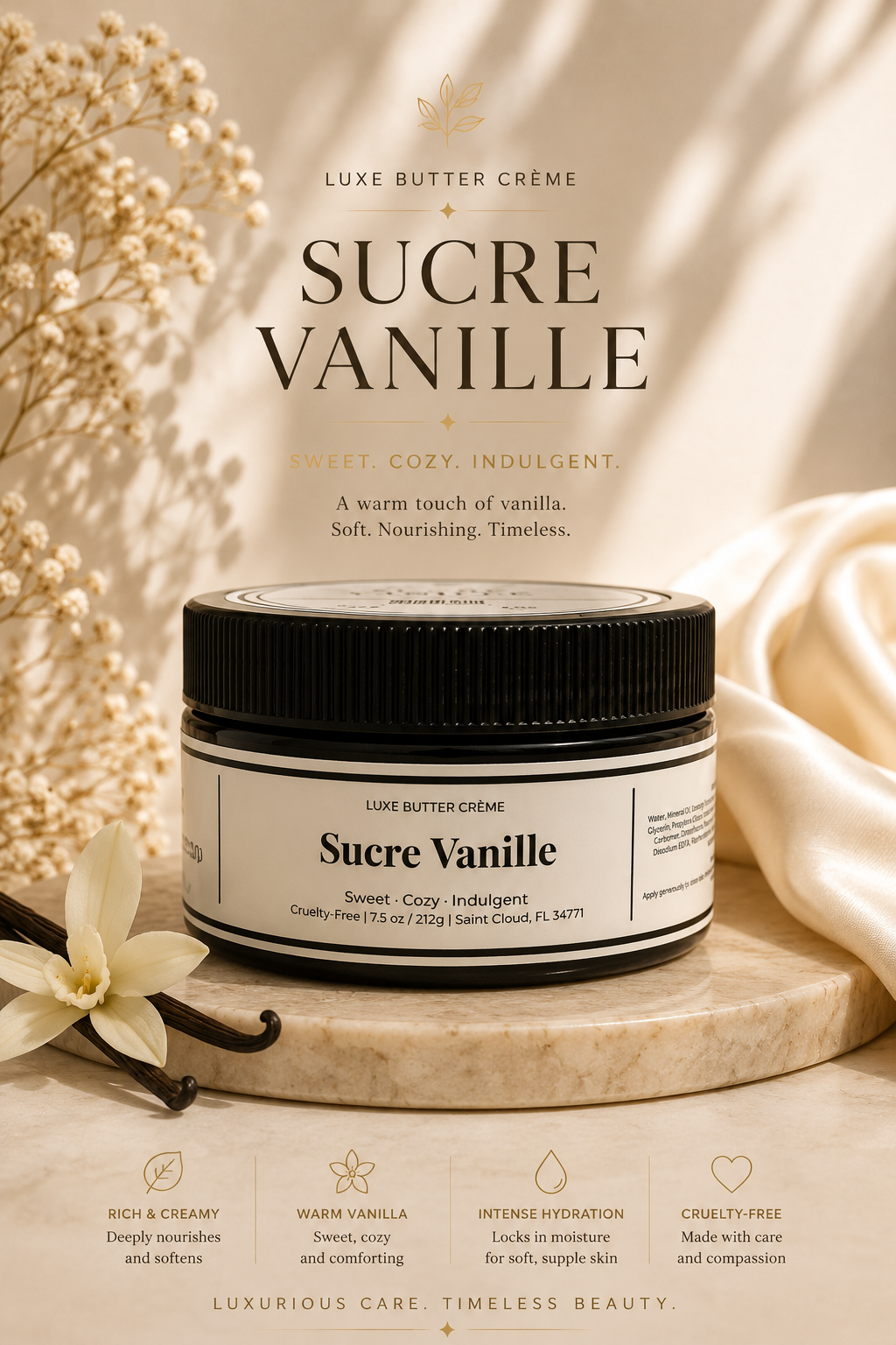 Jar of Luxe Butter Cèreme Suçre Vanille with vanilla flowers and a soft background