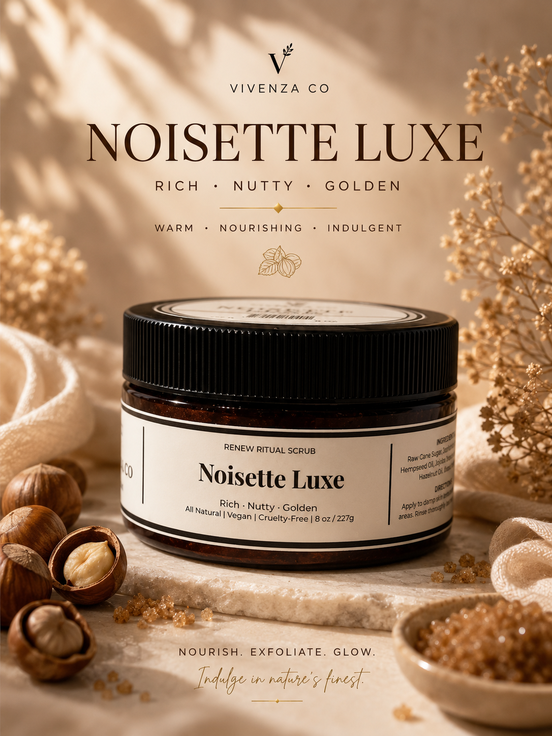 Jar of Noisette Luxe with Vivenza Co branding on a neutral background with decorative elements.