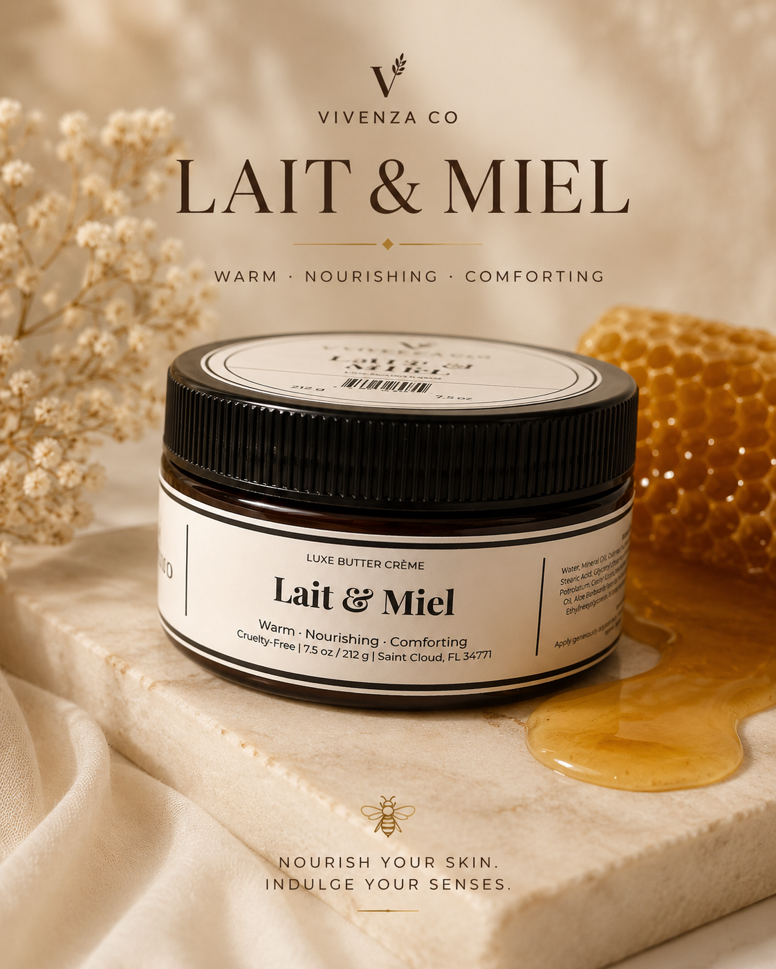 Jar of Vivenza Co Lait & Miel cream with honeycomb and honey on a beige background