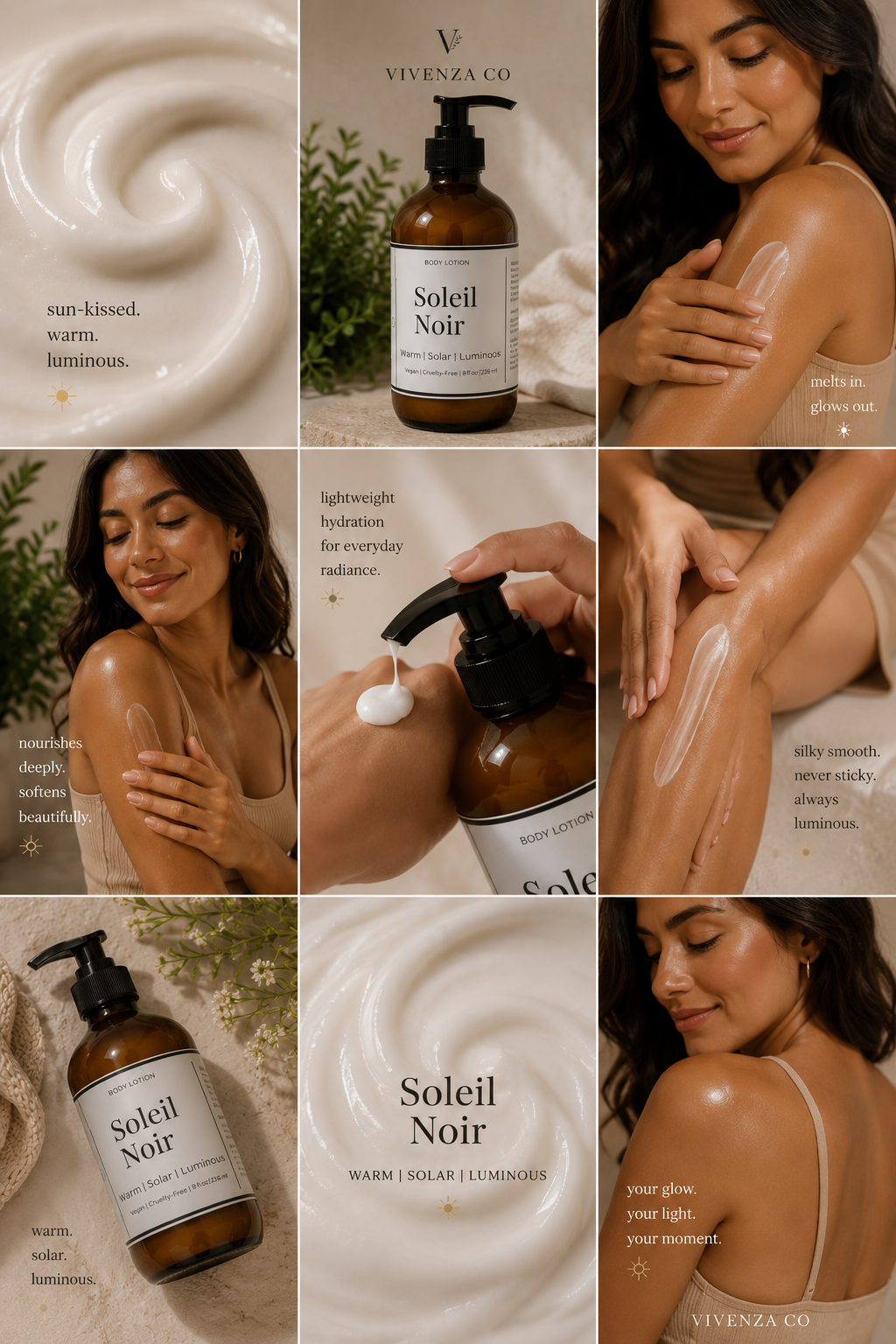 Warm Scented Body Lotion | Soleil Noir Luxury Moisturizer for Dry Skin | Aloe Vera Body Lotion | Vegan 8 oz Pump | VIVENZA