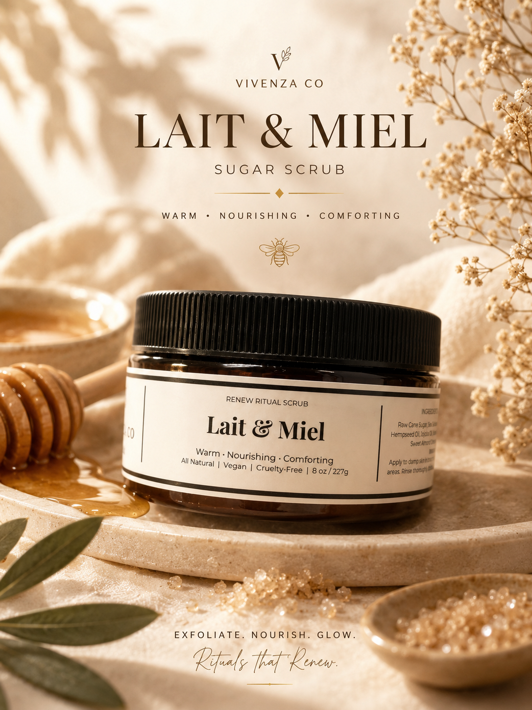 Jar of Vivenza Co Lait & Miel sugar scrub on a decorative background with natural elements.