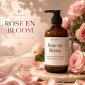 Vivenza Co Rose en Bloom body lotion bottle with pink roses on a soft background