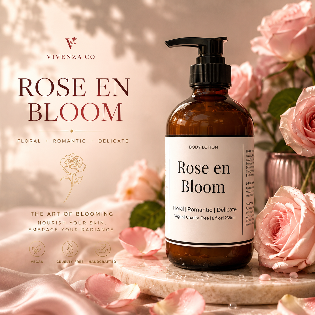 Vivenza Co Rose en Bloom body lotion bottle with pink roses on a soft background