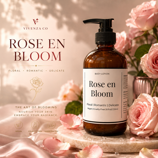 Vivenza Co Rose en Bloom body lotion bottle with pink roses on a soft background