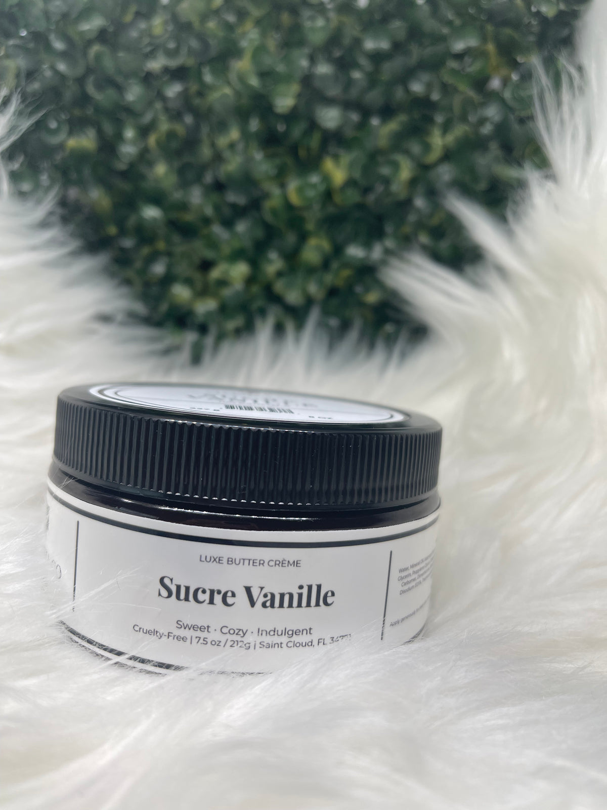 Jar of Sucre Vanille on a white fluffy surface with greenery in the background