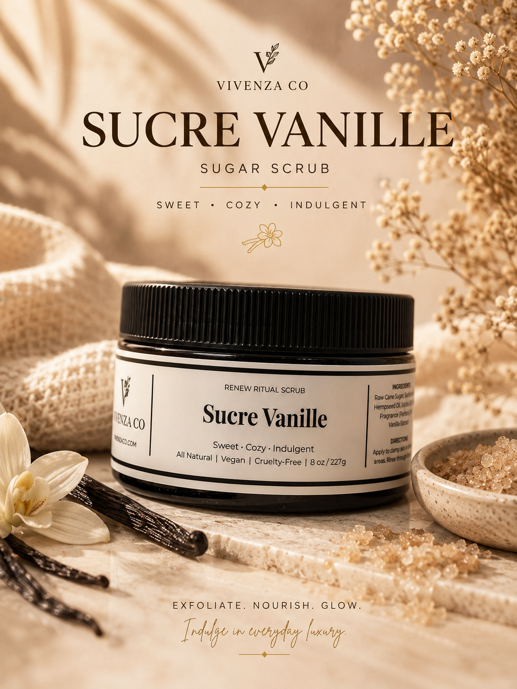 Vivenza Co Sucre Vanille sugar scrub jar with vanilla beans and flowers on a warm background