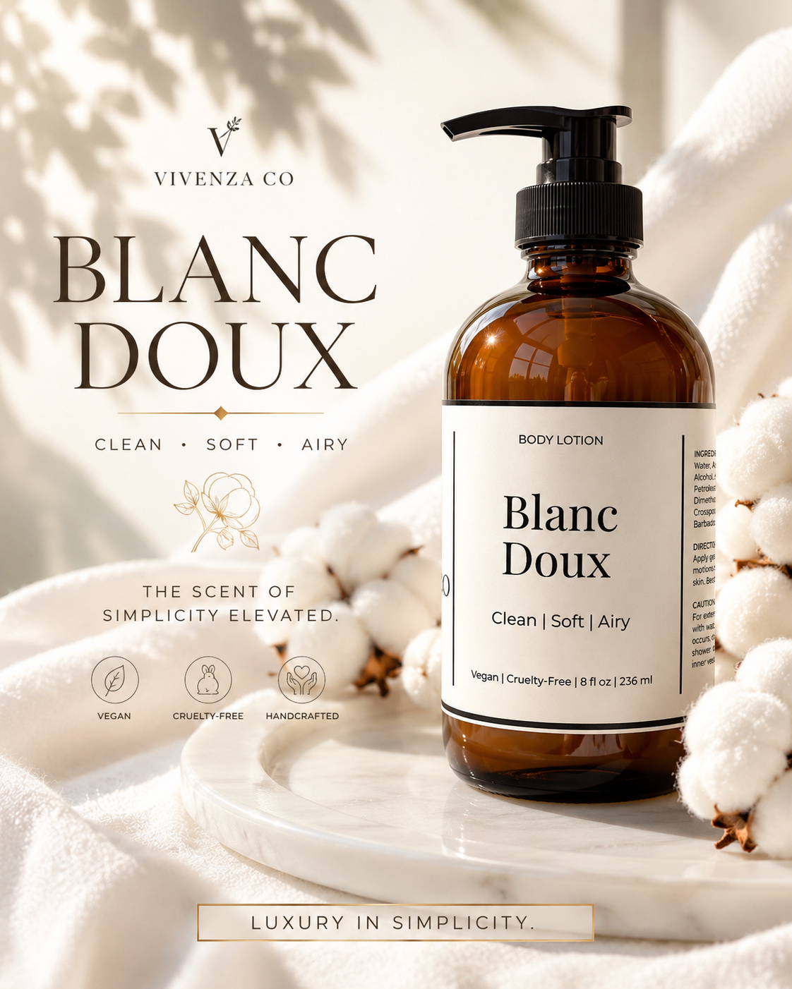 Brown bottle of Blanc Doux body lotion with cotton in the background