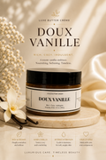 Jar of Doux Vanille Luxe Butter Creme with vanilla flowers on a soft beige background