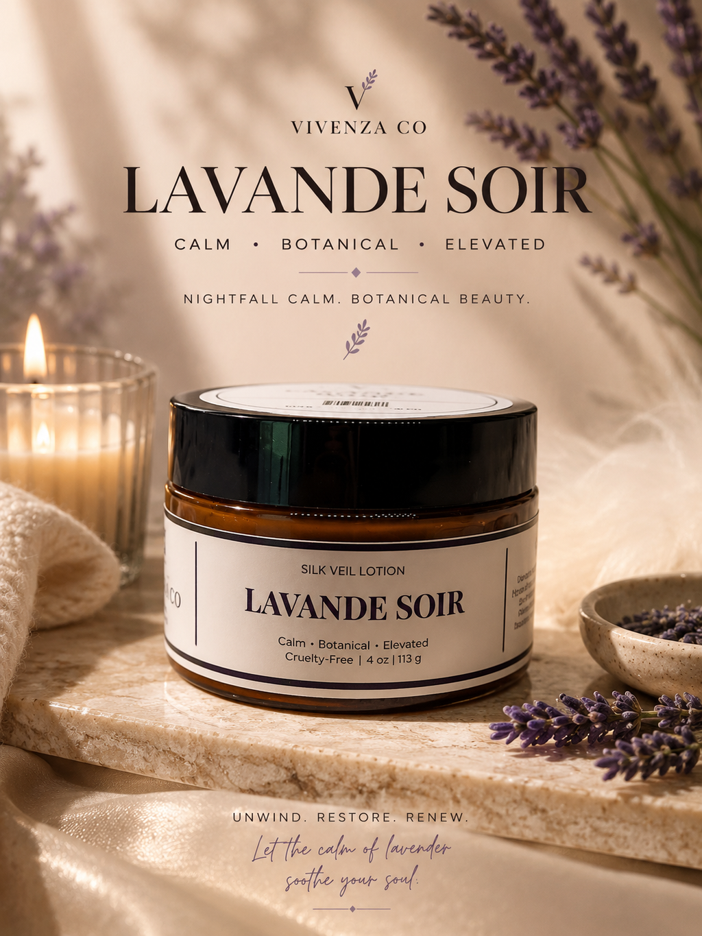 Vivenza Co Lavande Soir skincare product with lavender flowers and a candle on a wooden surface.