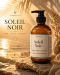 Soleil Noir body lotion bottle with sunset background