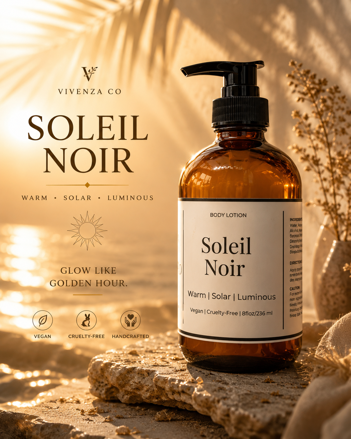 Soleil Noir body lotion bottle with sunset background