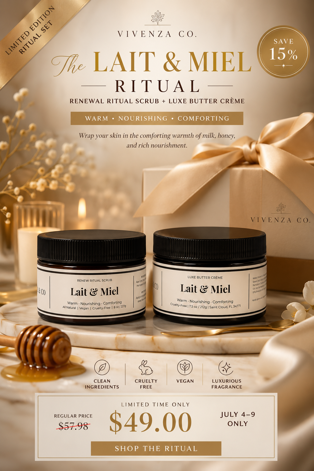VIVENZA CO Lait & Miel Ritual Set featuring a handcrafted sugar scrub and luxe body butter for soft, hydrated skin.
