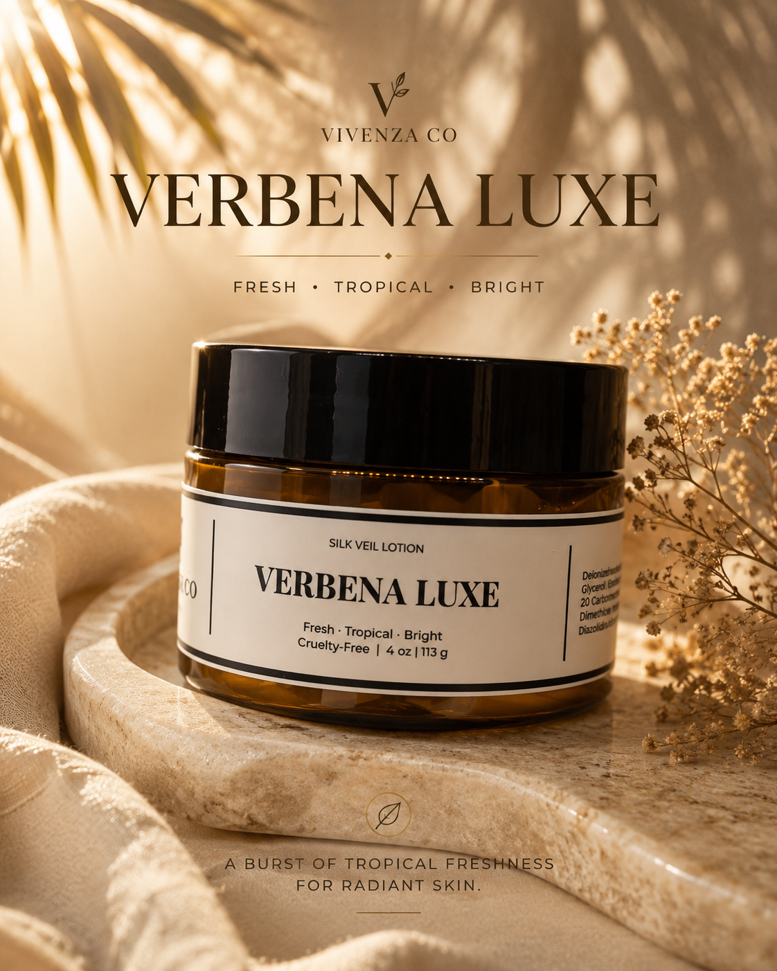 Jar of Verbena Luxe lotion with brand name and product description on a neutral background